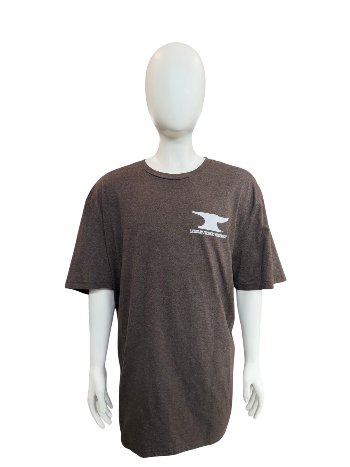 My Store brown short sleeve t-shirt with American Farriers Association logo on a mannequin