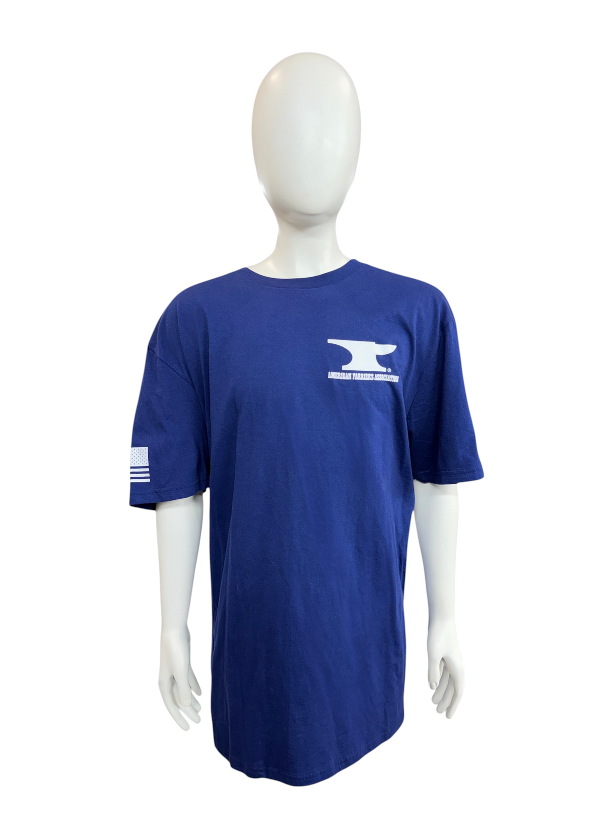 My Store blue short sleeve t-shirt with American Farriers Association logo on chest and US flag on sleeve