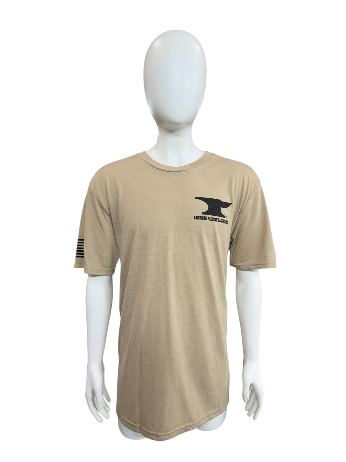 My Store tan short sleeve t-shirt with black anvil logo on chest and flag detail on sleeve on a mannequin