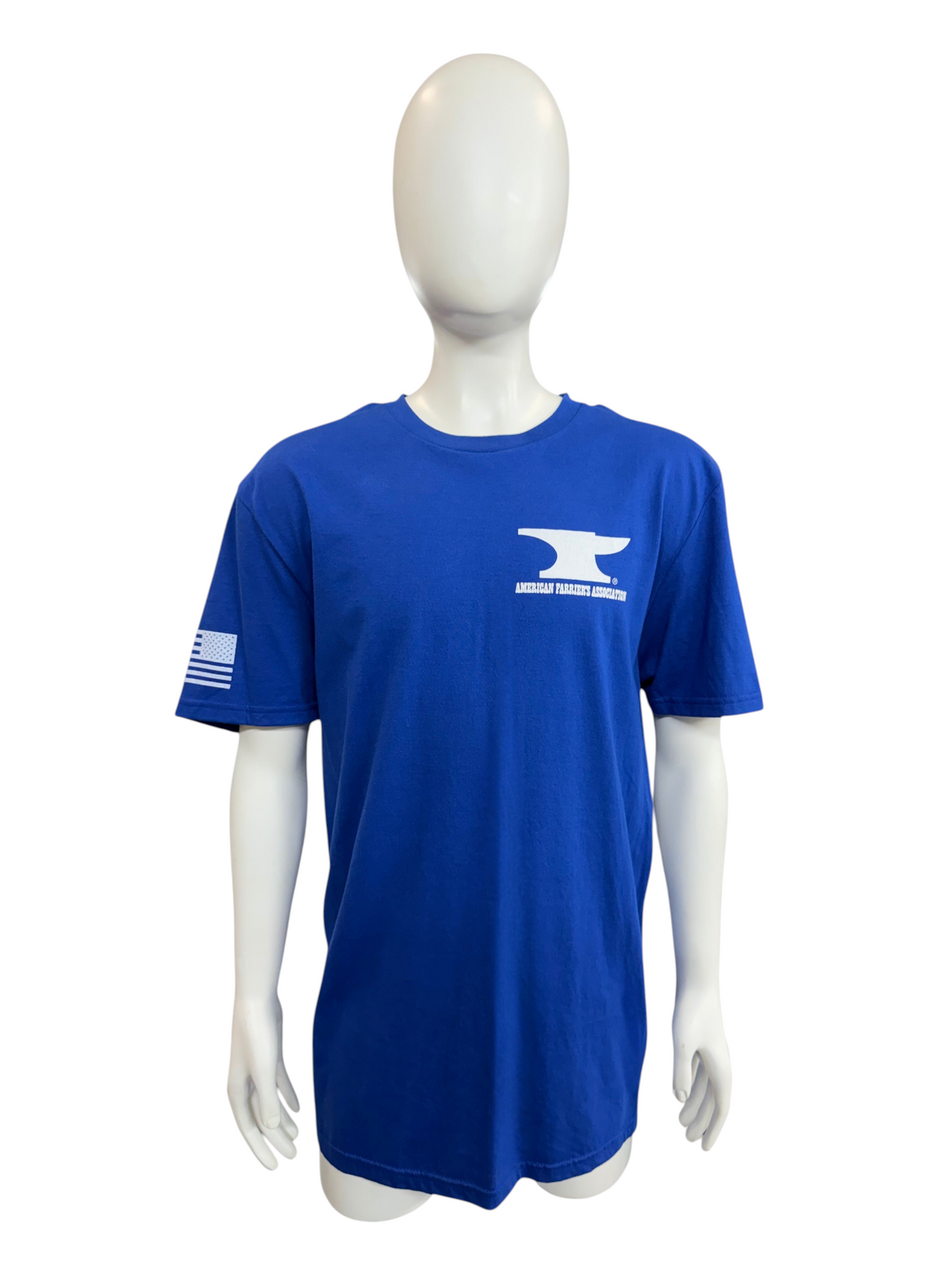 My Store AFA blue short sleeve t-shirt with white anvil logo on chest and American flag detail on the sleeve
