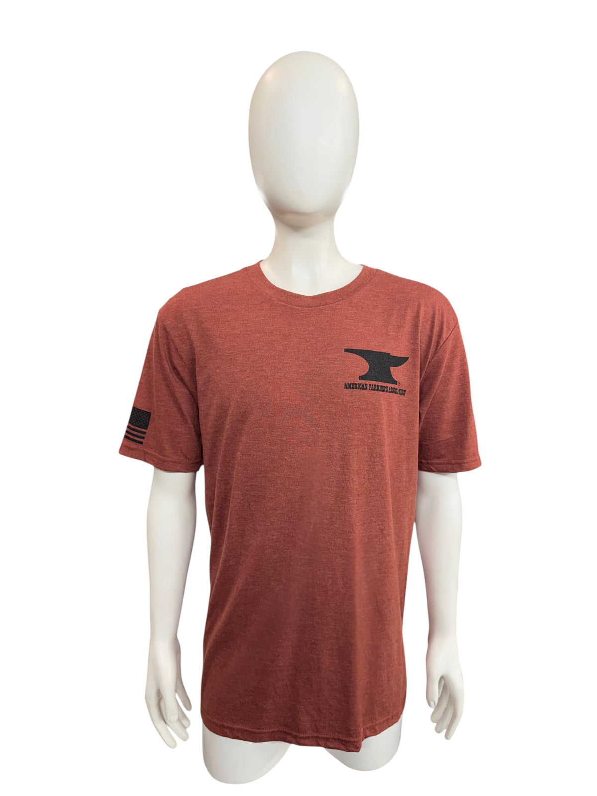 My Store AFA short sleeve t-shirt in heathered rust red with anvil logo and American flag detail on the sleeve