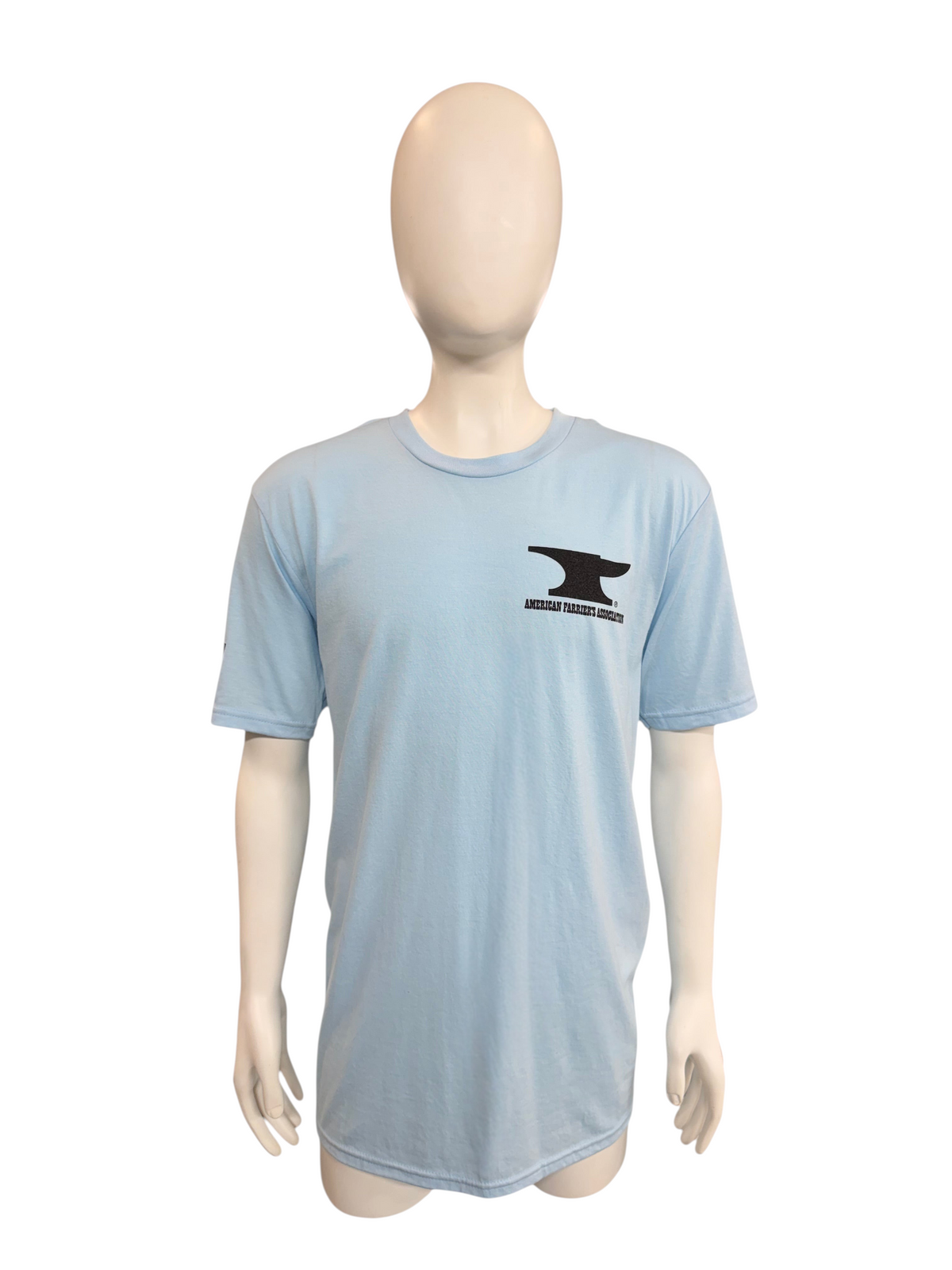 My Store light blue short sleeve t-shirt with American Farriers Association anvil logo on a mannequin
