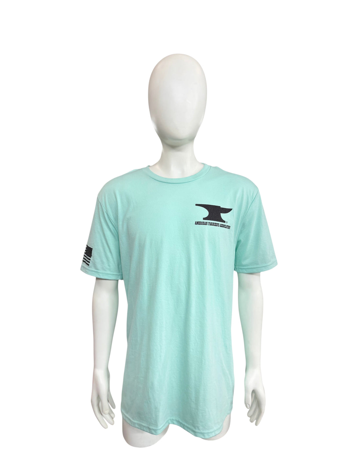 My Store light mint green short sleeve t-shirt with American Farriers Association anvil logo on a mannequin
