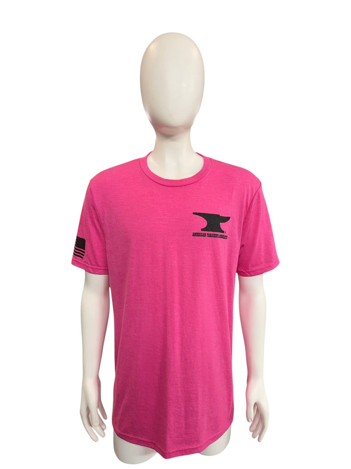 My Store AFA short sleeve t-shirt in bright pink with a black anvil logo on the chest and American flag sleeve detail.
