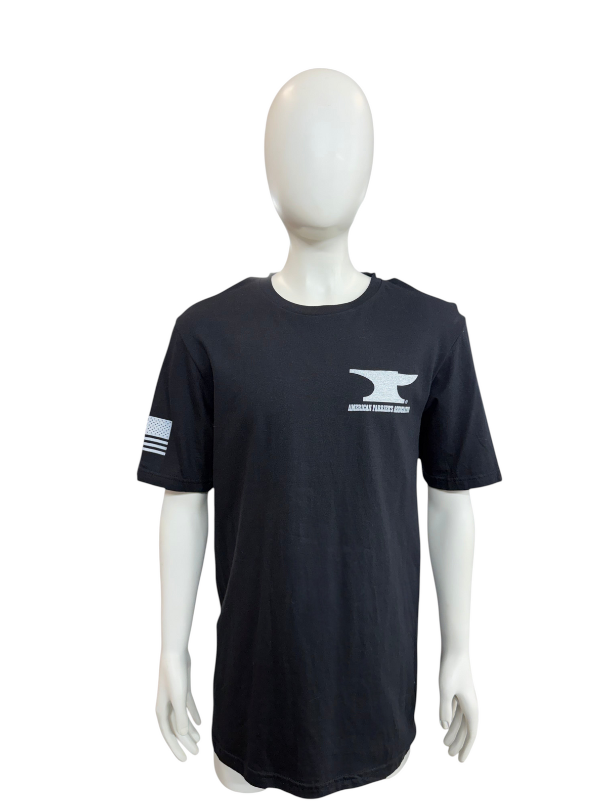 My Store black AFA short sleeve t-shirt with American Farriers Association anvil logo and US flag sleeve detail