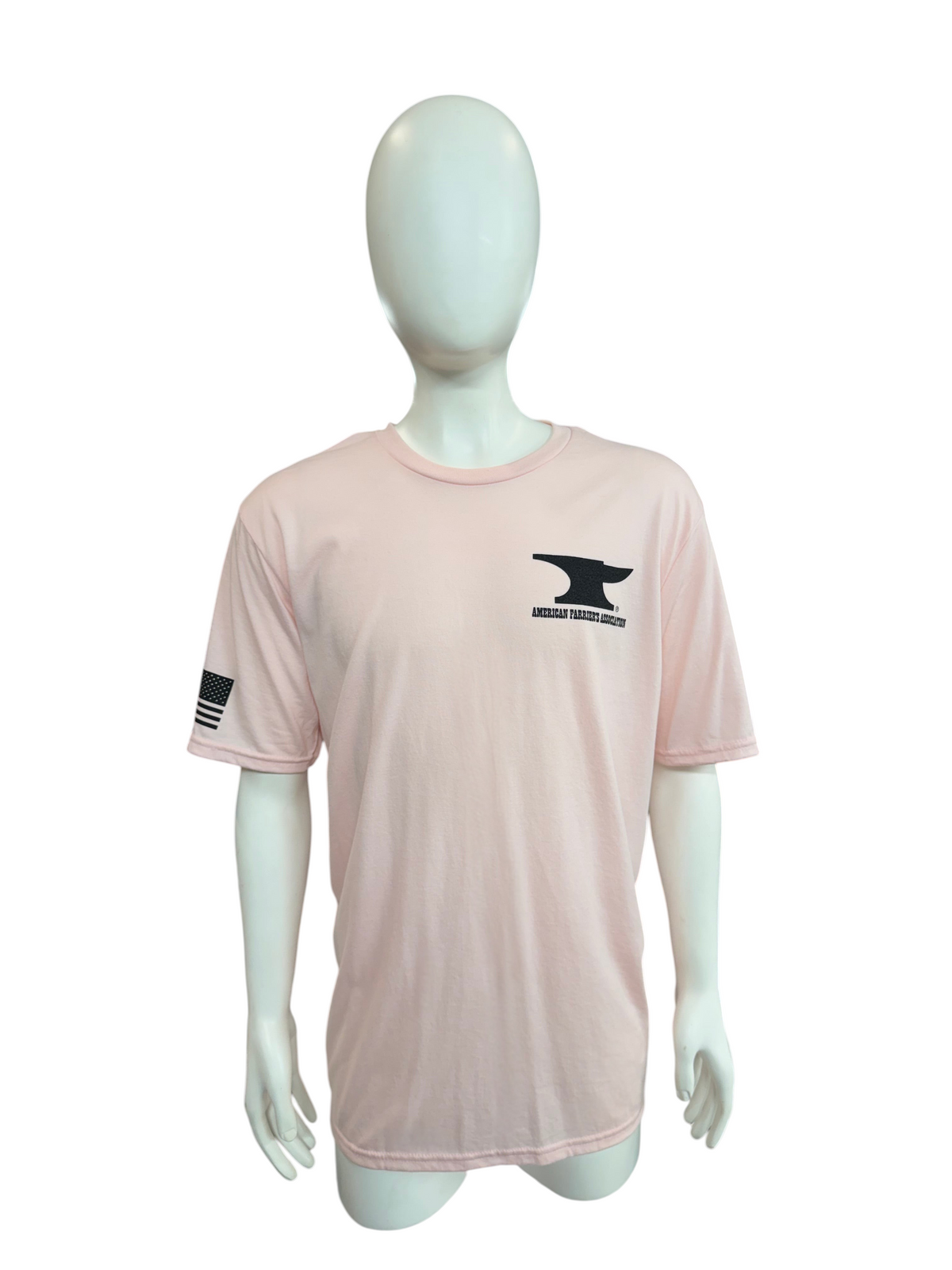My Store light pink AFA short sleeve t-shirt with black anvil logo on chest and American flag on sleeve on mannequin