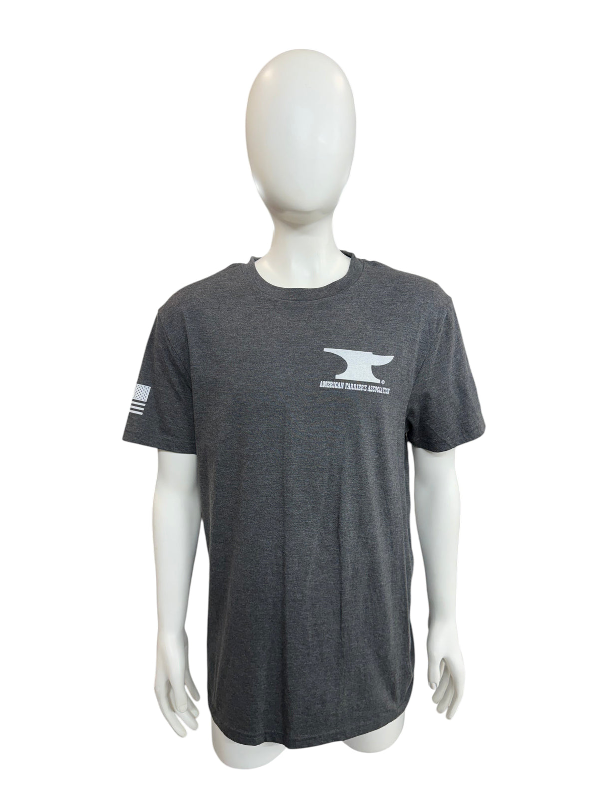 My Store charcoal grey short sleeve t-shirt with American Farriers Association anvil logo on chest and flag on sleeve