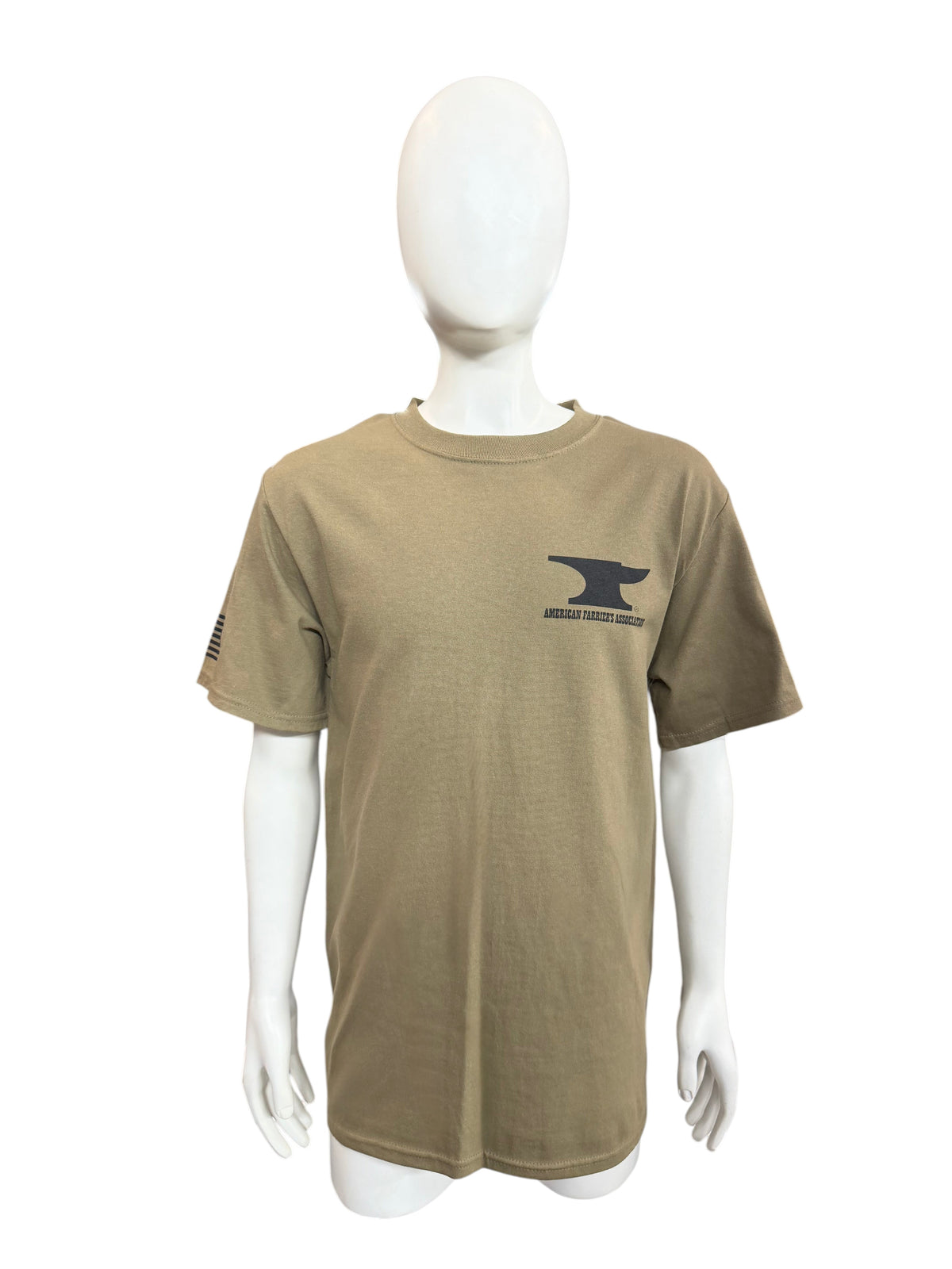 My Store AFA short sleeve t-shirt in olive green with a black anvil logo on the chest, displayed on a mannequin.