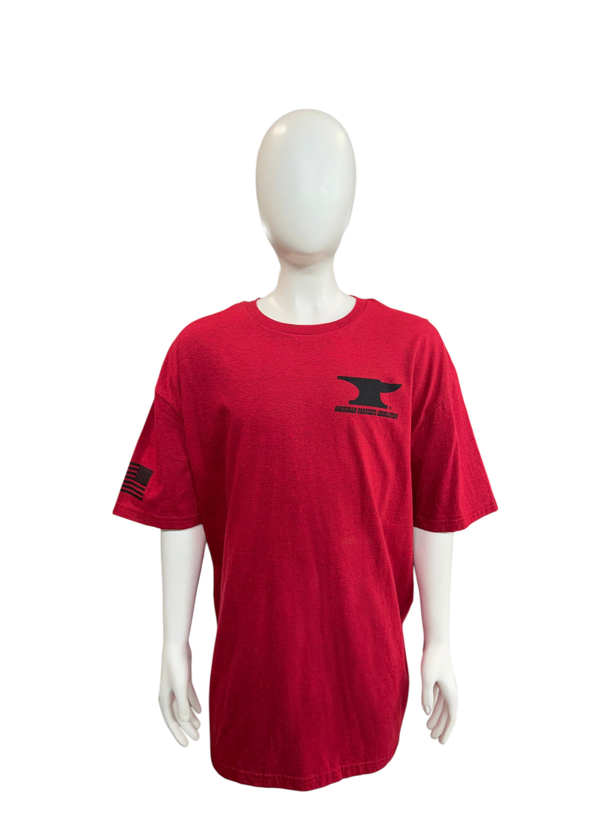 My Store red short sleeve AFA t-shirt with black anvil logo on chest and flag detail on sleeve on a mannequin