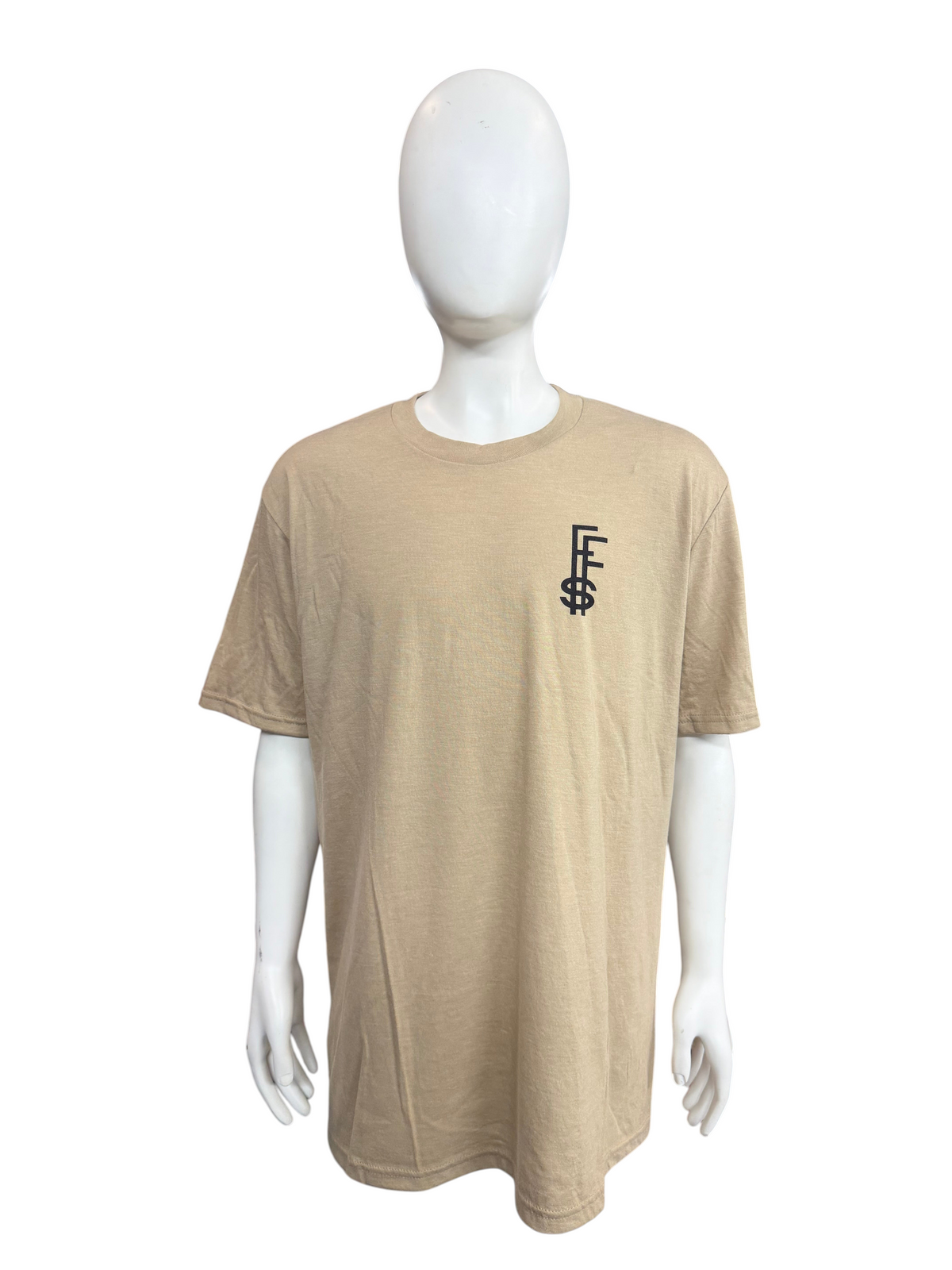 My Store Future Fortunes tan crew neck t-shirt with a black FFS logo on the chest displayed on a mannequin