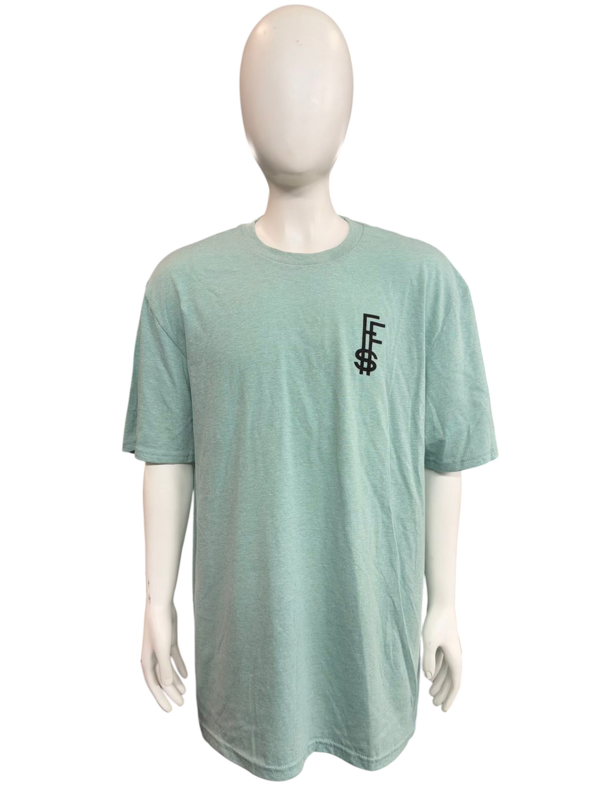 My Store Future Fortunes t-shirt in heathered sage green with a black logo on the left chest on a mannequin