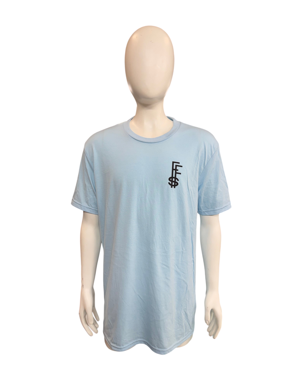 My Store Future Fortunes light blue t-shirt with a small black logo on the left chest on a mannequin