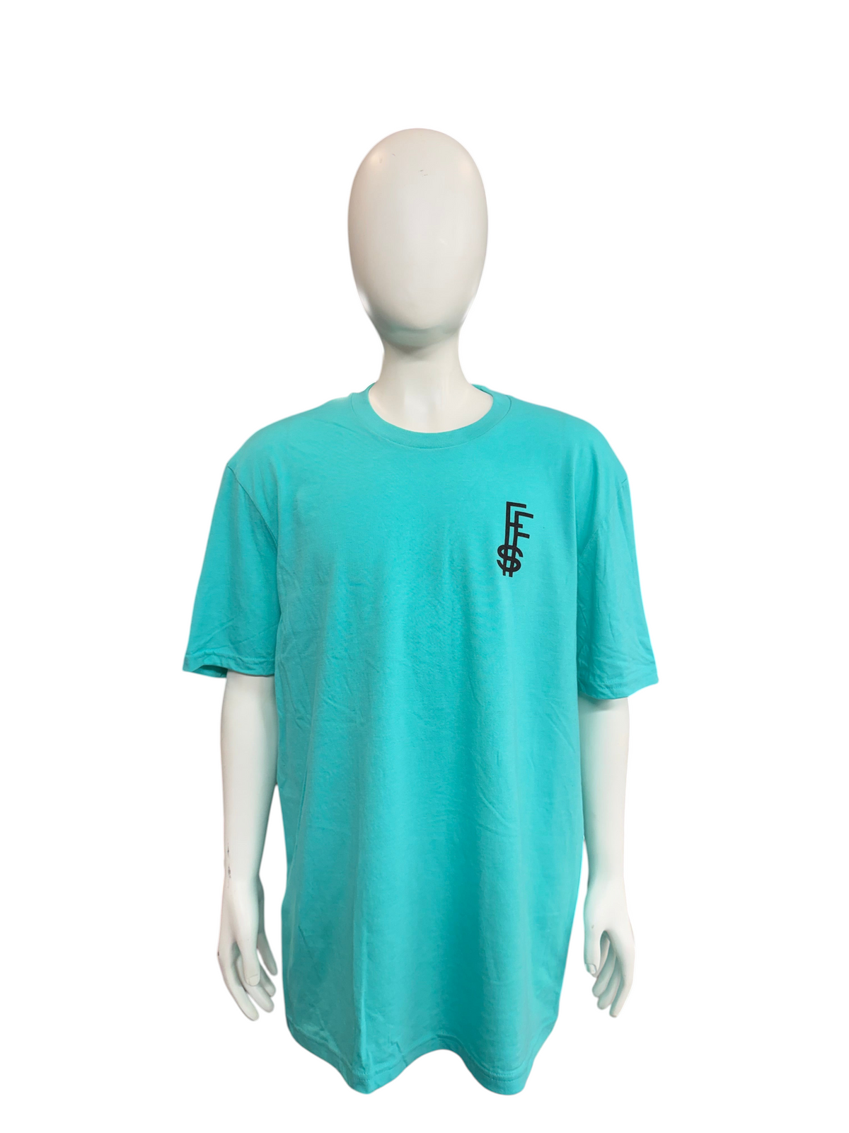 My Store Future Fortunes turquoise cotton t-shirt with black FFS logo on chest worn by a mannequin