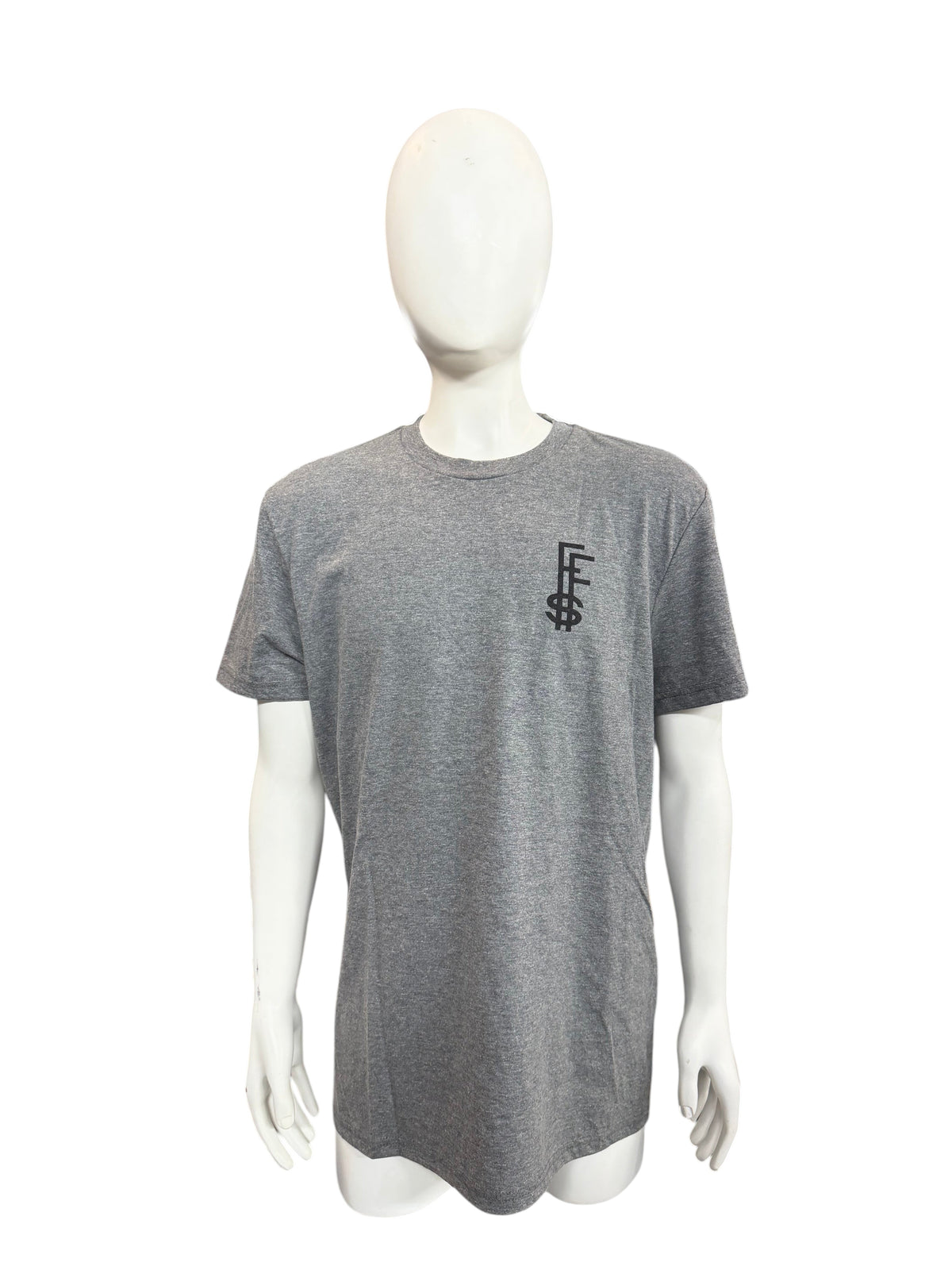 My Store Future Fortunes grey crew neck t-shirt with black logo on chest displayed on a white mannequin