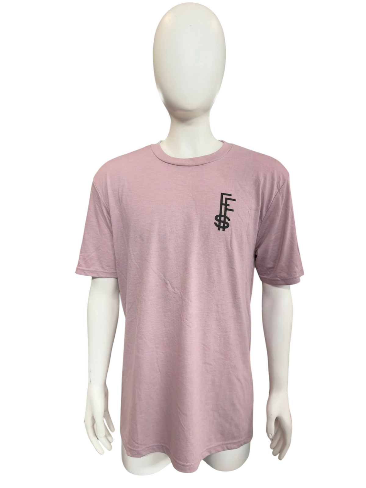My Store Future Fortunes dusty pink crew neck t-shirt with a black FFS logo on the chest worn by a mannequin