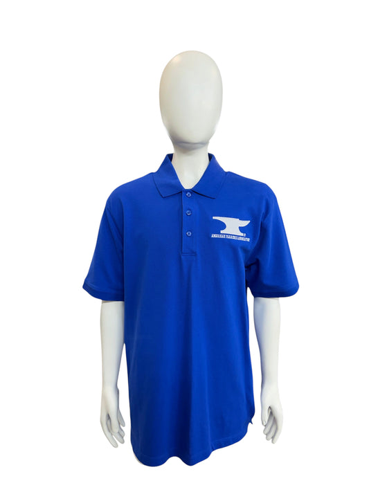 My Store royal blue polo shirt with white anvil embroidery on a mannequin in a warehouse setting