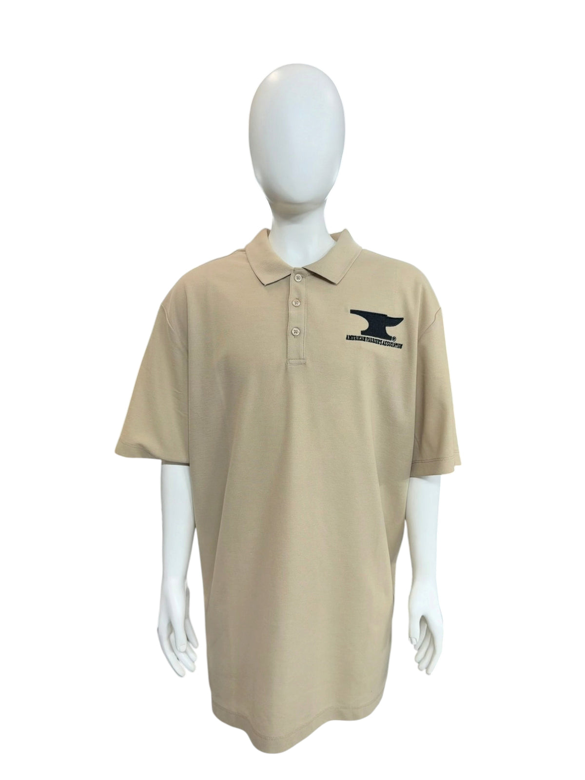 My Store AFA men's tan polo shirt in a cotton polyester blend featuring a black anvil logo embroidery on the chest.