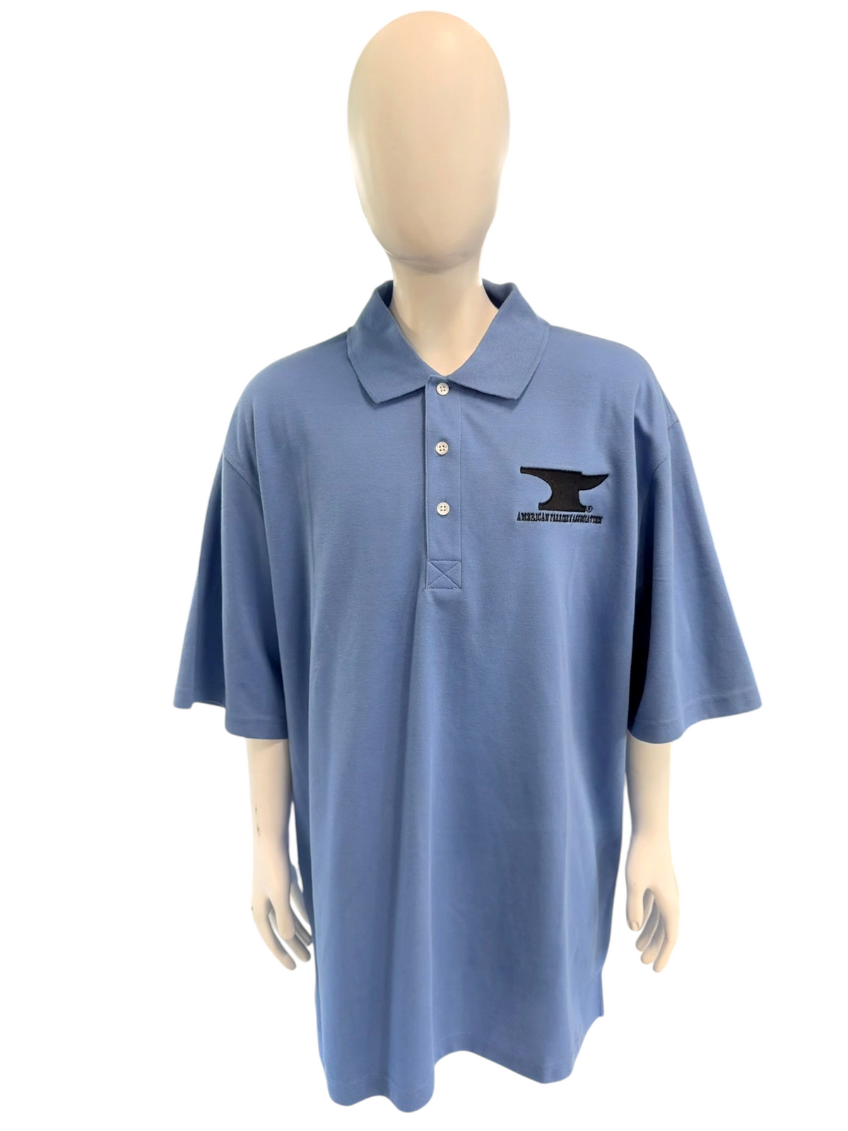 My Store AFA blue polo shirt in cotton polyester blend with black anvil embroidery on a mannequin