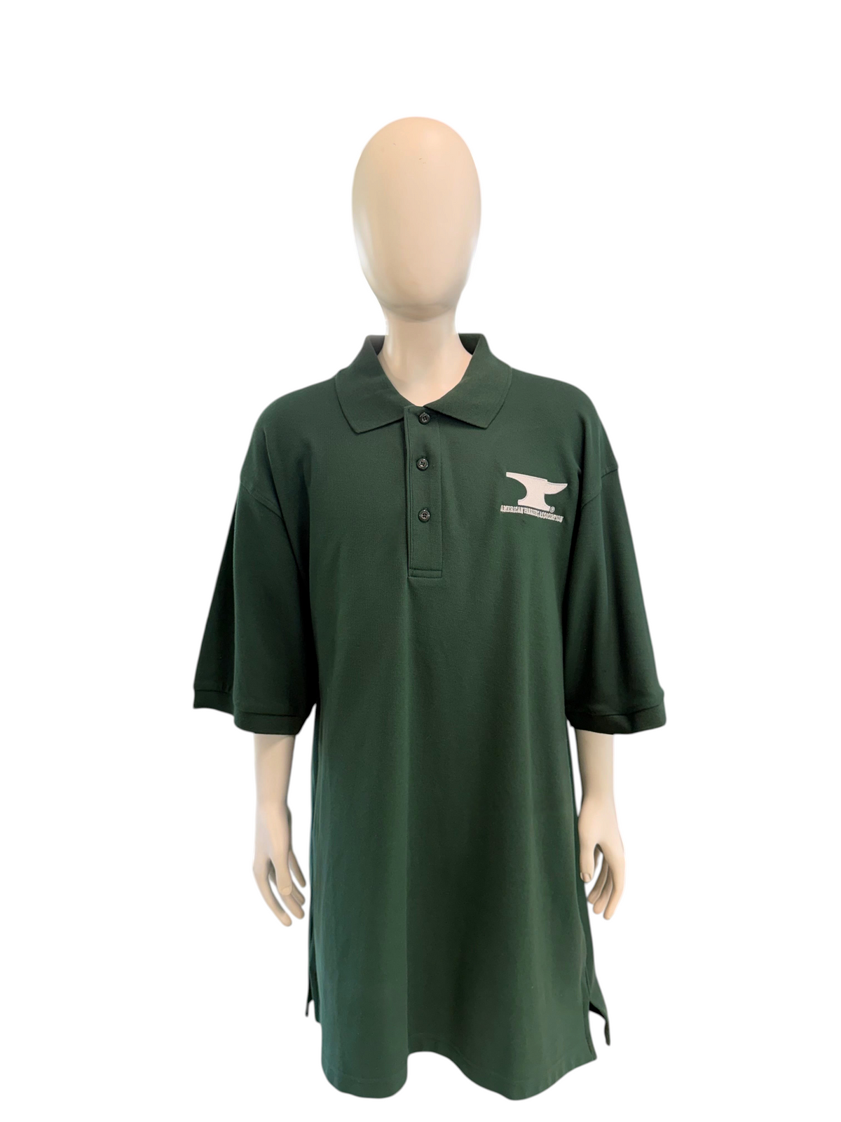 My Store dark green men's polo shirt in cotton polyester blend with white anvil embroidery on a mannequin