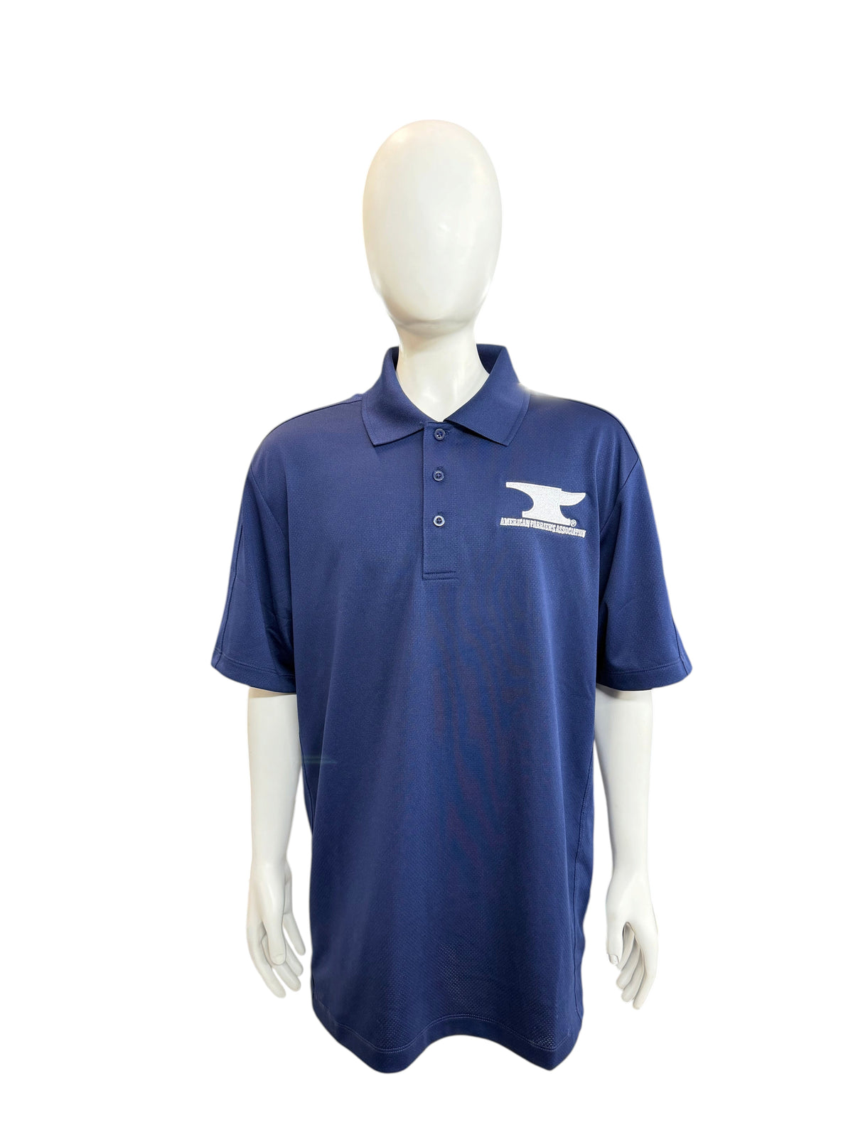 My Store AFA men's navy blue moisture-wicking polo shirt with white anvil embroidery on a mannequin