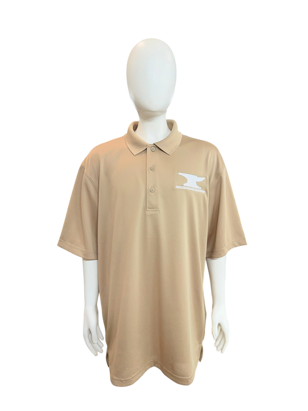 My Store AFA men's tan moisture-wicking polo shirt with white anvil embroidery on a mannequin