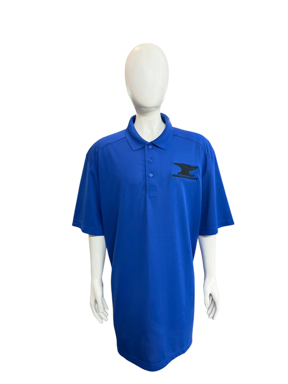 My Store AFA men's royal blue moisture-wicking polo shirt with black anvil logo embroidery on a mannequin