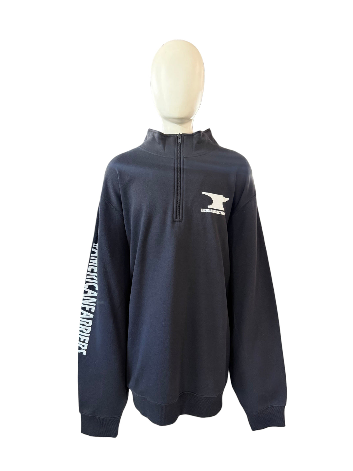 My Store AFA black quarter zip sweatshirt with white logo on chest and American Farriers text on the sleeve