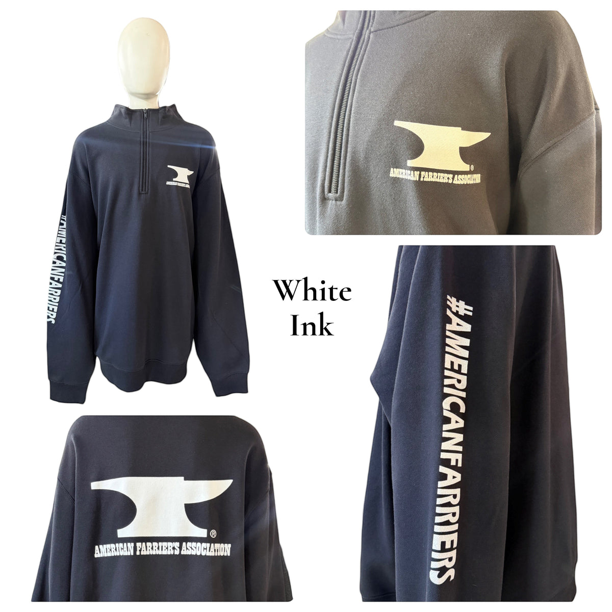 My Store AFA black 1/4 zip sweatshirt with white American Farrier's Association logo and sleeve print.