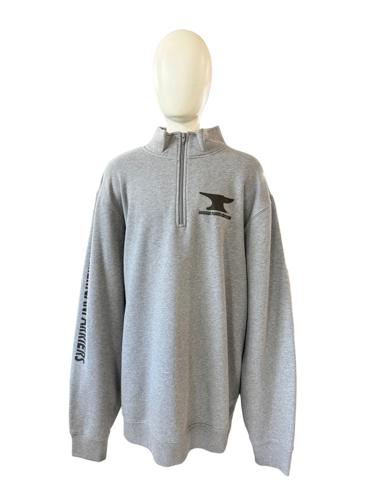 My Store AFA grey 1/4 zip sweatshirt in a durable cotton polyester blend with rib knit cuffs and hem on a mannequin