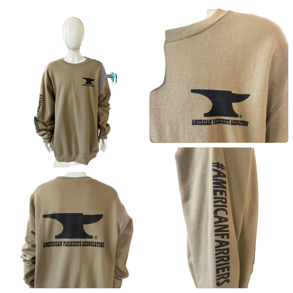 My Store AFA crewneck sweatshirt in tan with black American Farrier's Association anvil logo and sleeve text