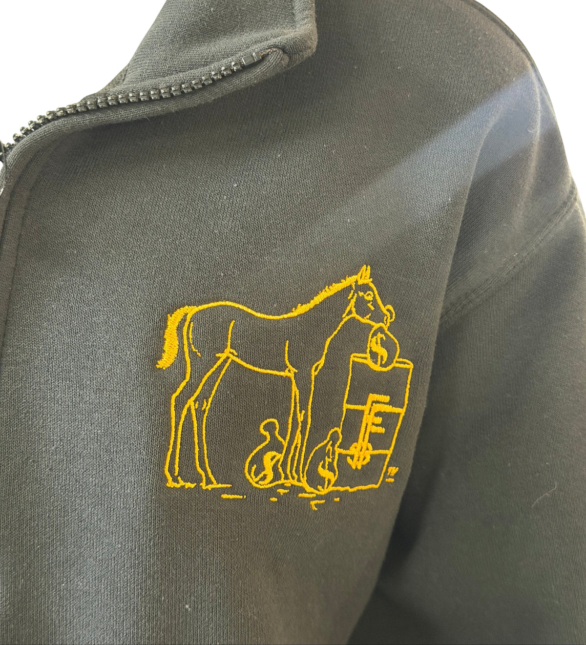 My Store black Carhartt midweight quarter-zip mock neck sweatshirt with yellow embroidered horse and money logo