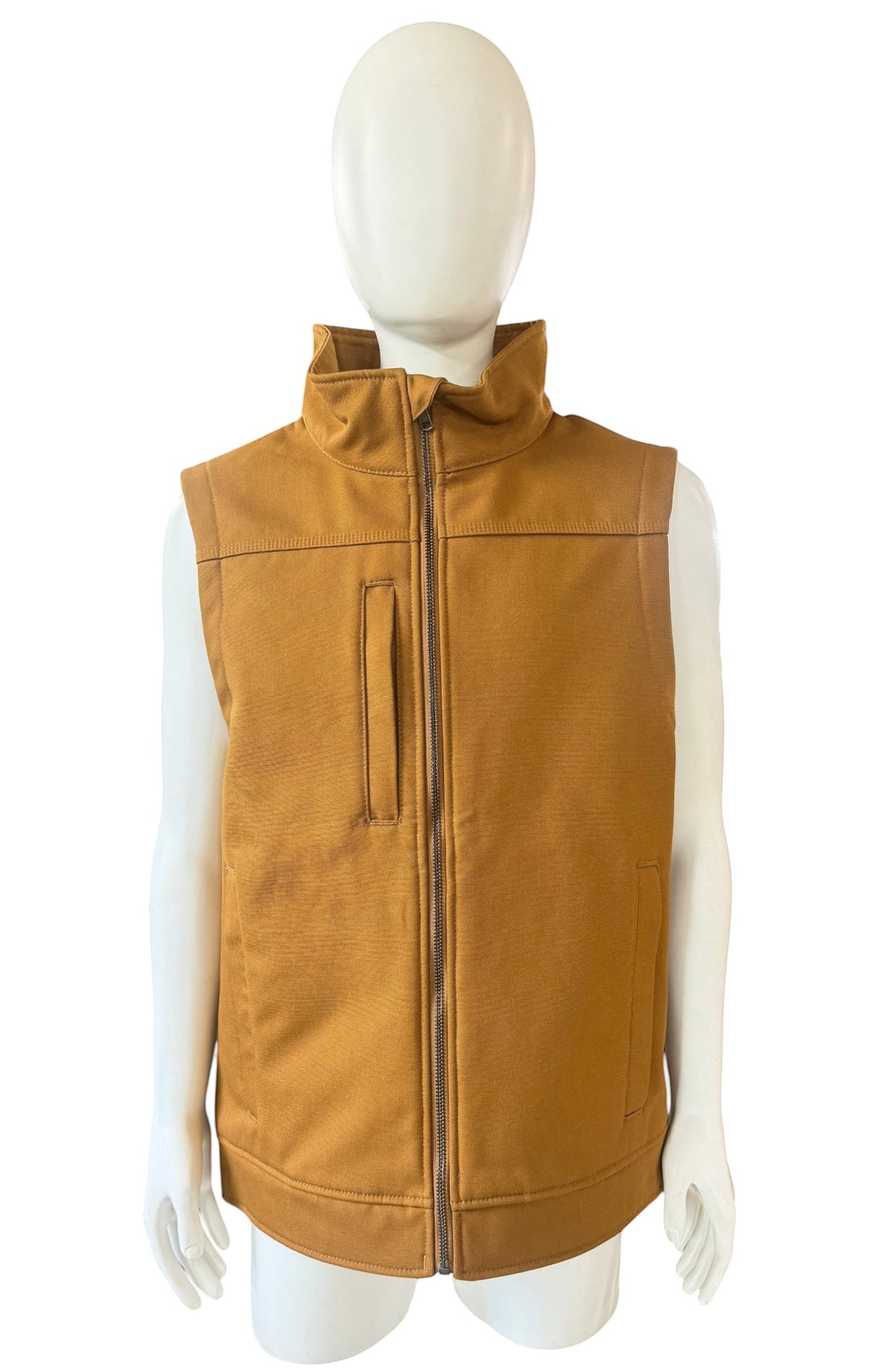 My Store CornerStone brown duck bonded soft shell vest with a full zip front and vertical chest pocket on a mannequin