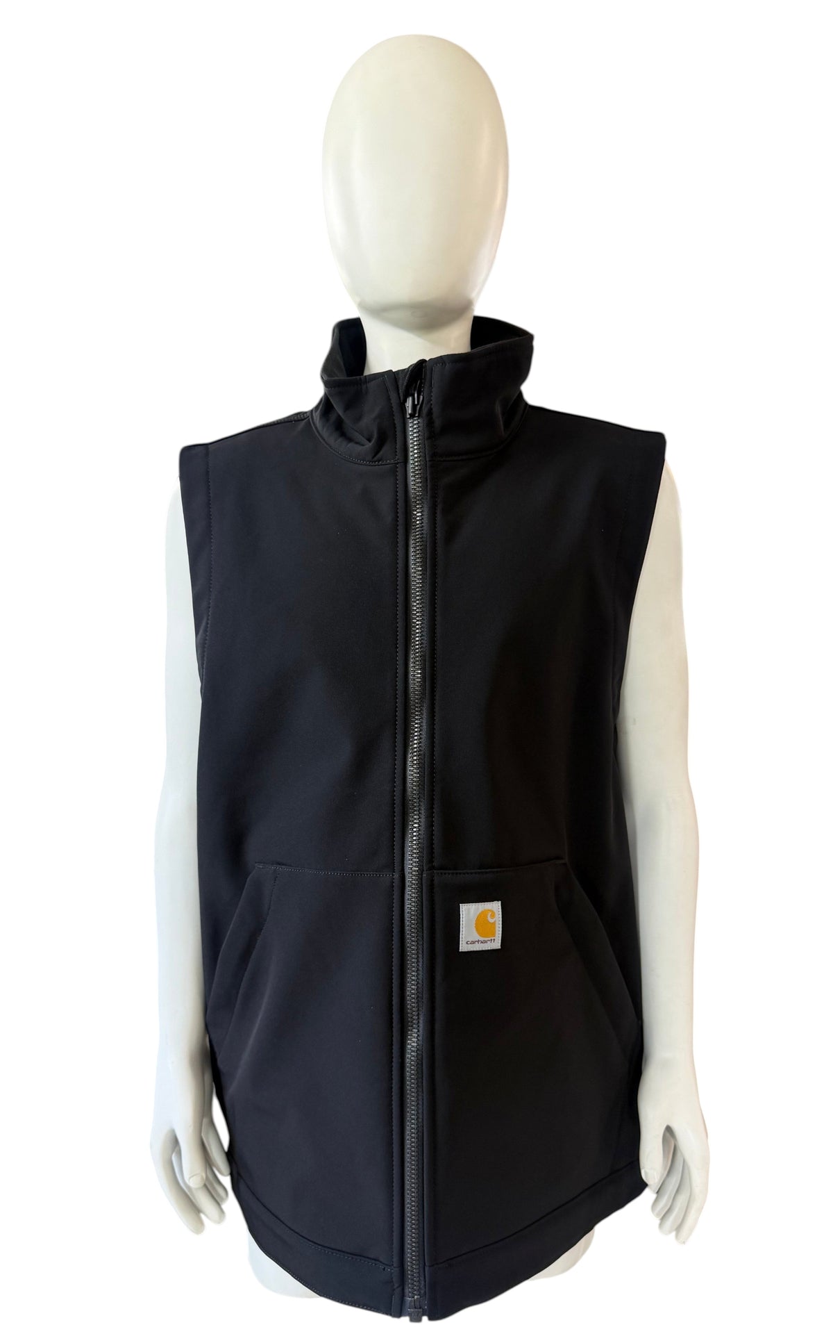 My Store Carhartt black Rain Defender soft shell vest with full zip closure and front pockets on a mannequin