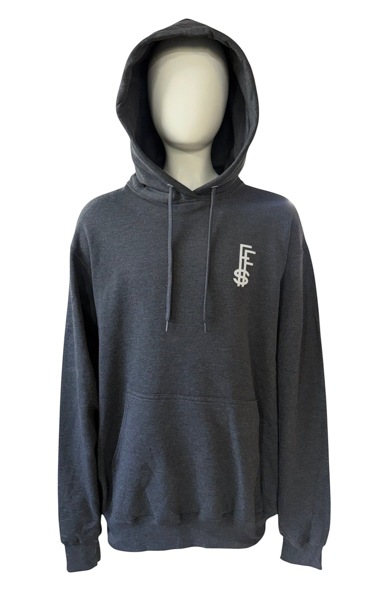 My Store Future Fortunes hoodie in charcoal grey with a white logo on the chest, displayed on a mannequin.