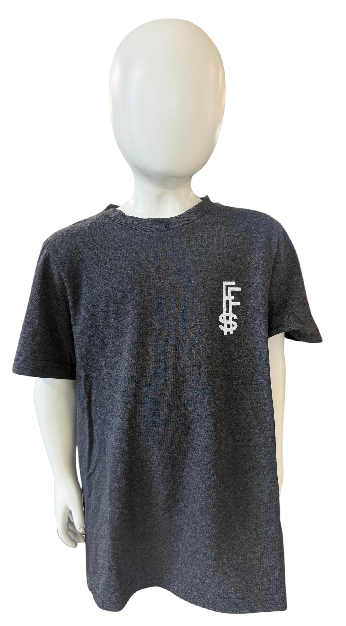 My Store Future Fortunes youth t-shirt in charcoal grey with a white vertical logo on the chest
