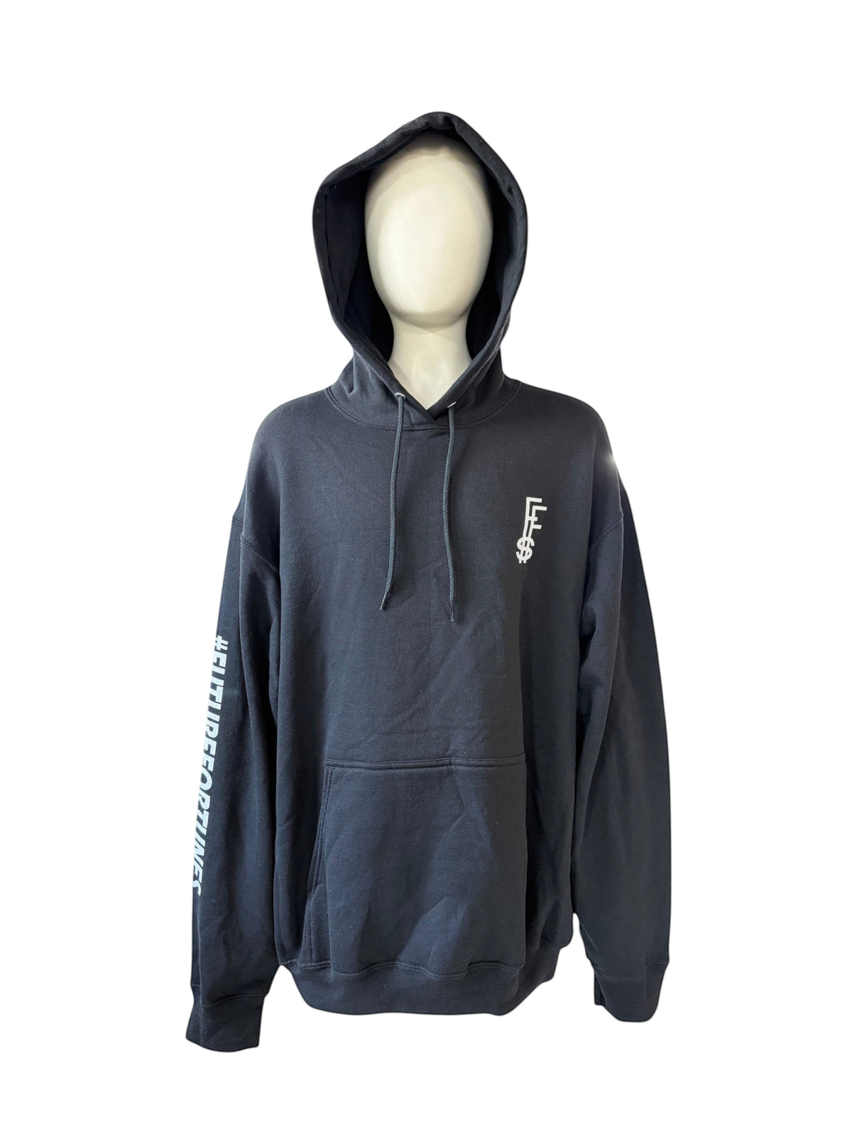 My Store Future Fortunes black hoodie with white chest logo and sleeve text on a mannequin