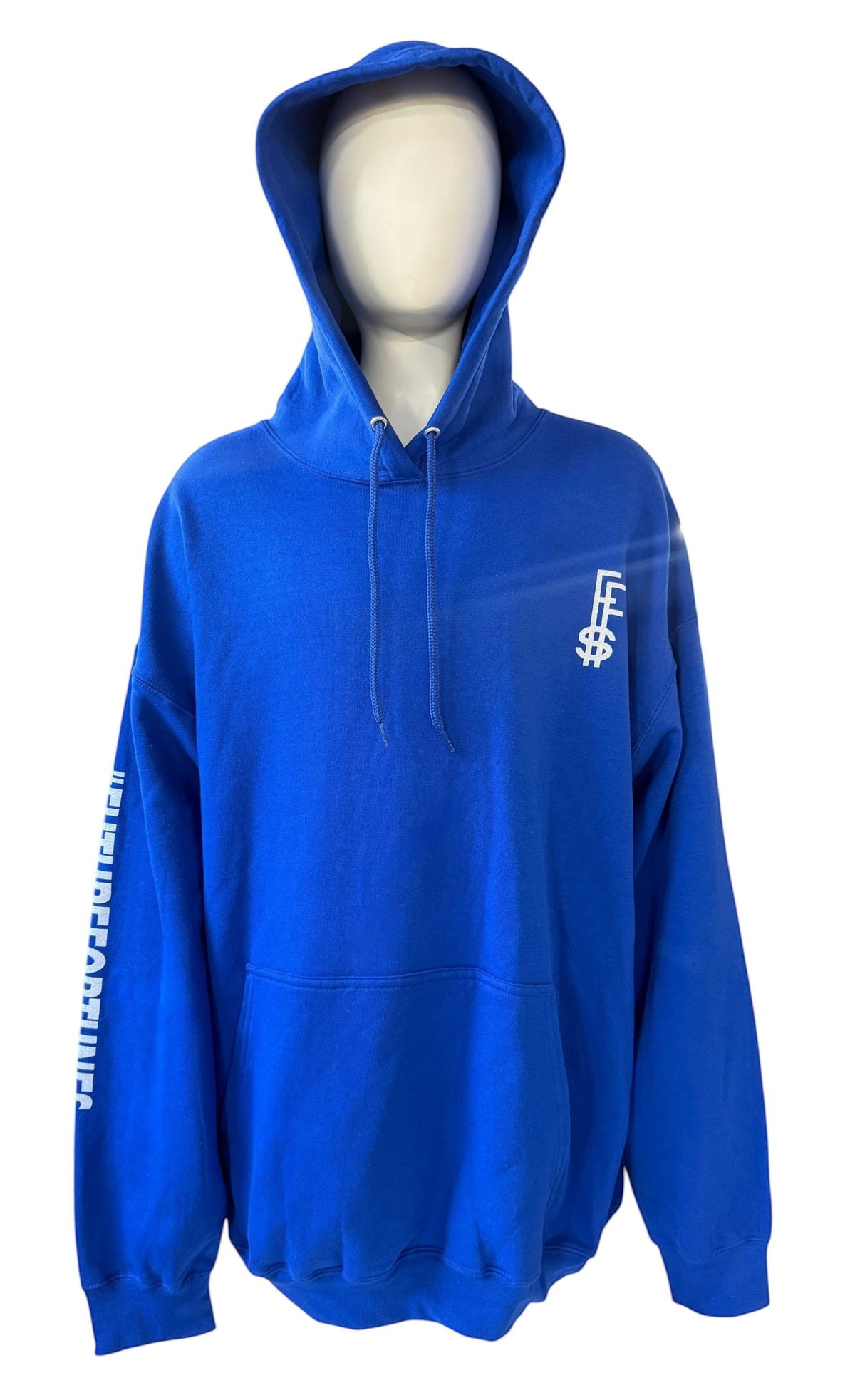 My Store Future Fortunes hoodie in royal blue with white logo on chest and sleeve text on a mannequin