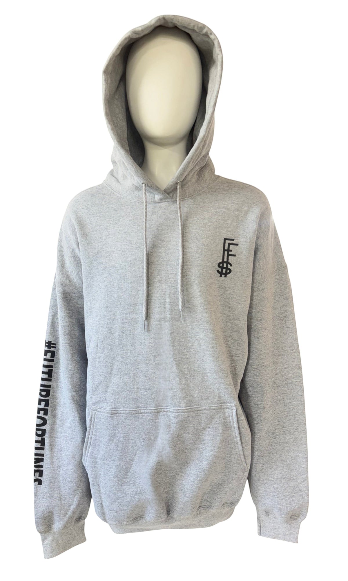 My Store Future Fortunes grey hoodie with black logo on chest and text on sleeve displayed on a mannequin