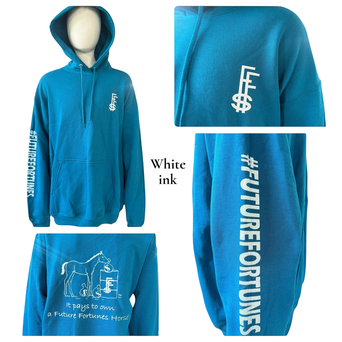 My Store Future Fortunes teal hoodie with white logo on chest, sleeve text, and horse graphic on back