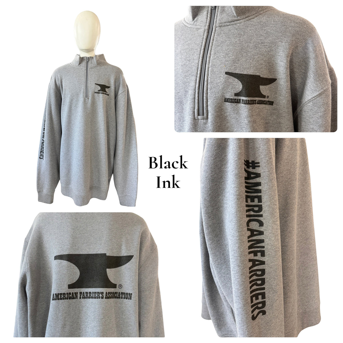 My Store grey 1/4 zip sweatshirt with American Farrier's Association anvil logo and sleeve text, cotton blend.
