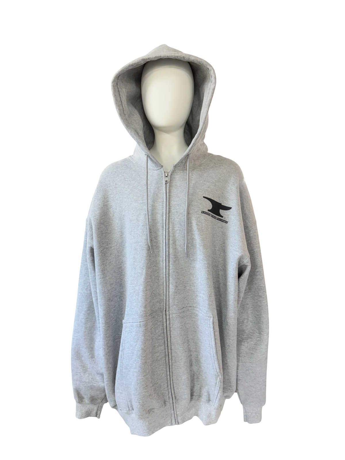 My Store grey zip-up hoodie featuring a black anvil logo on the chest, displayed on a mannequin in a workshop.