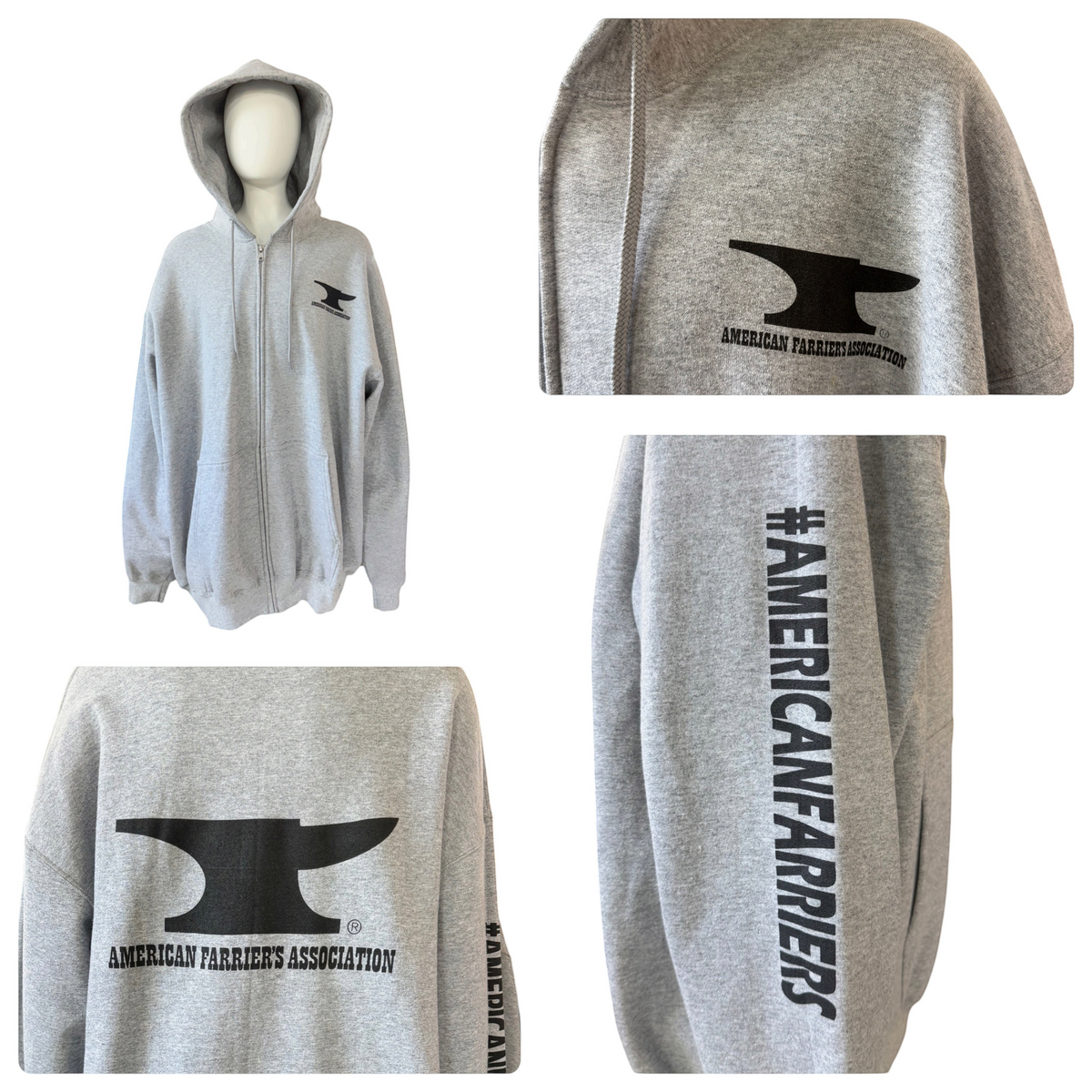 My Store grey zip-up hoodie featuring an anvil logo and American Farriers Association text on the chest and sleeve.