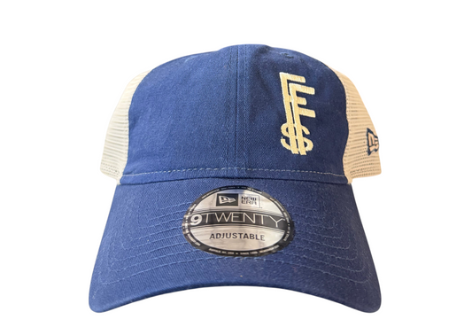 My Store New Era 9 Twenty Future Fortunes blue and white mesh trucker hat with embroidered logo