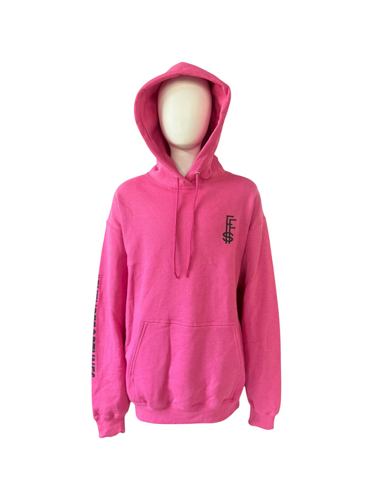 My Store Future Fortunes bright pink hooded sweatshirt with black graphic logo on chest and sleeve