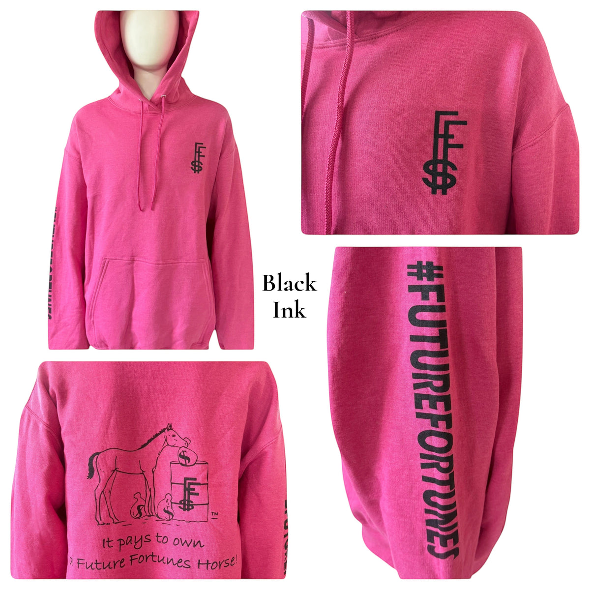 My Store Future Fortunes hoodie in bright pink with black graphic prints on the chest, sleeve, and back.