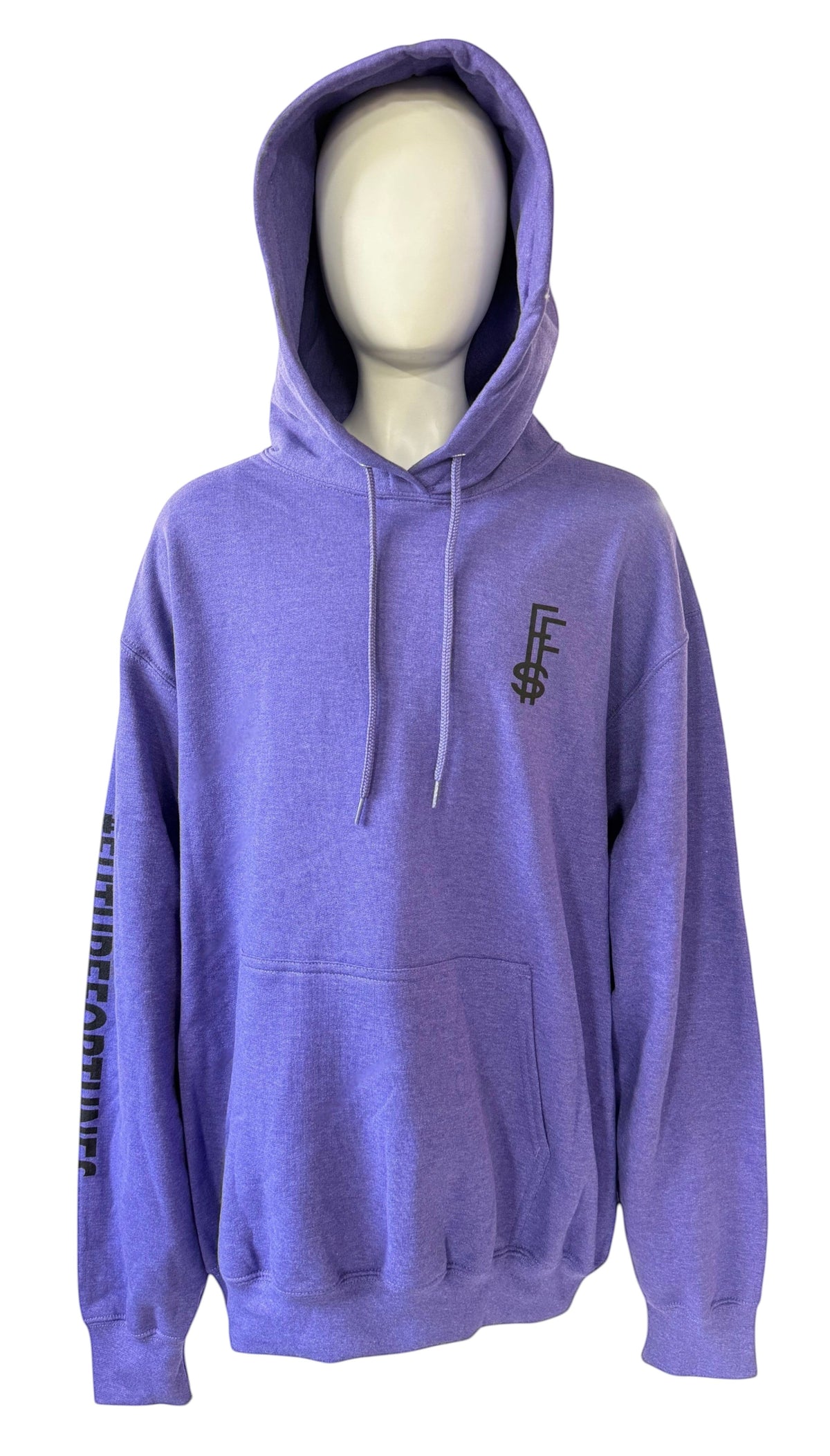 My Store Future Fortunes purple hoodie with black logo on chest and text on sleeve displayed on a mannequin