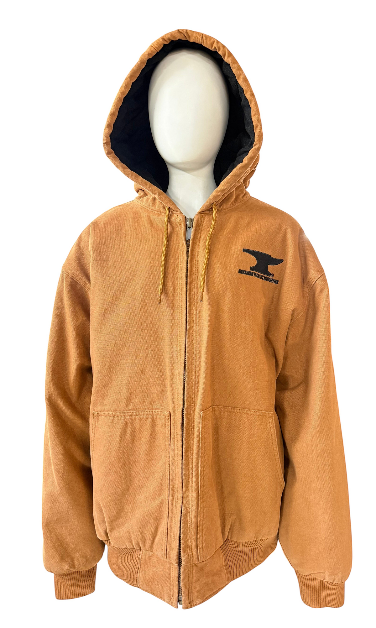 My Store AFA CornerStone insulated hooded work jacket in tan with black interior lining and front zip closure