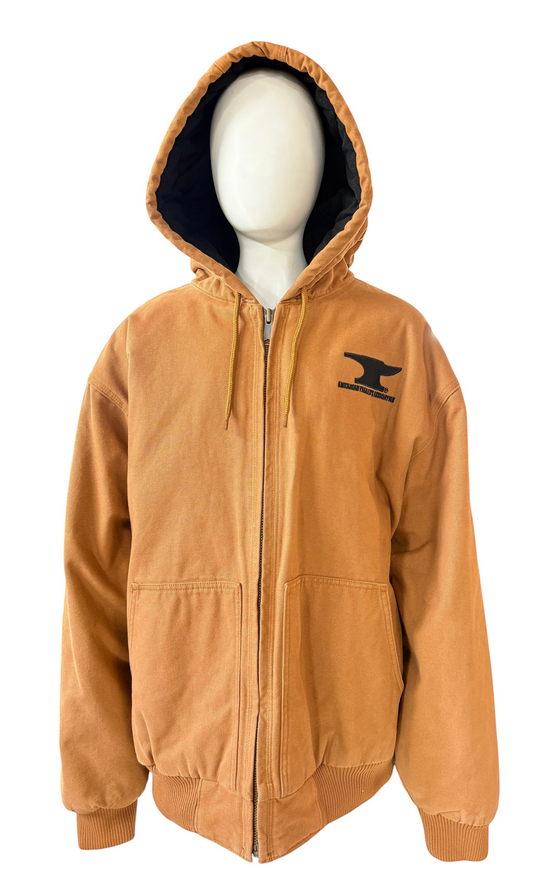 My Store AFA CornerStone insulated hooded work jacket in tan with black interior lining and front zip closure