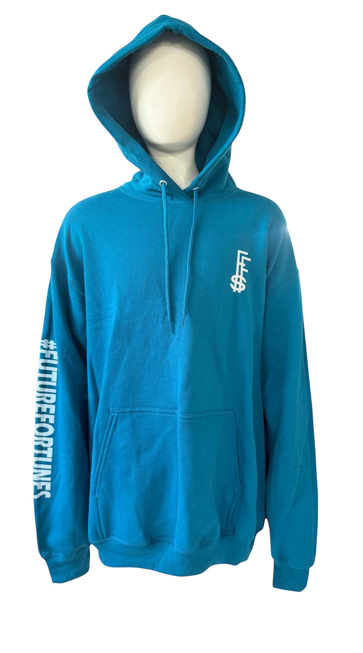 My Store Future Fortunes teal hoodie with white logo on chest and hashtag text on sleeve on a mannequin